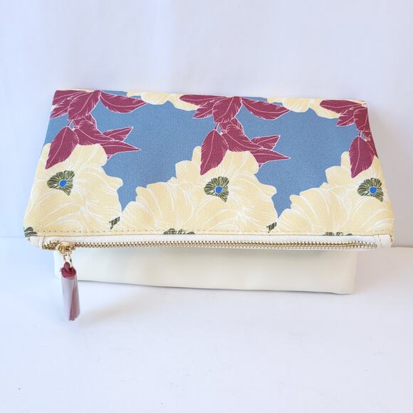Rachel Pally Reversible Clutch Purse Floral Blue Cream Ivory Leather Zip Closure - Picture 2 of 9